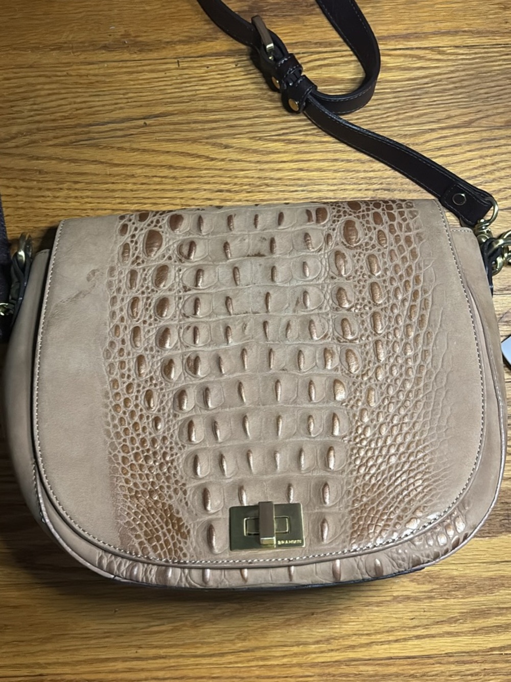 Brahmin Taupe Croc-Embossed Crossbody with Dark Brown Strap